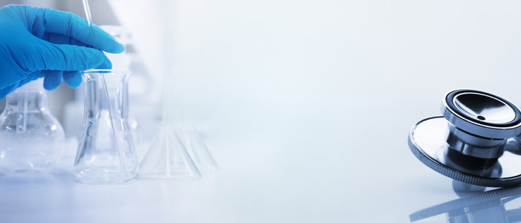 scientist or researcher wearing blue glove working with flask in medical health science laboratory with stethoscope for doctor diagnosis on white clinical web banner background