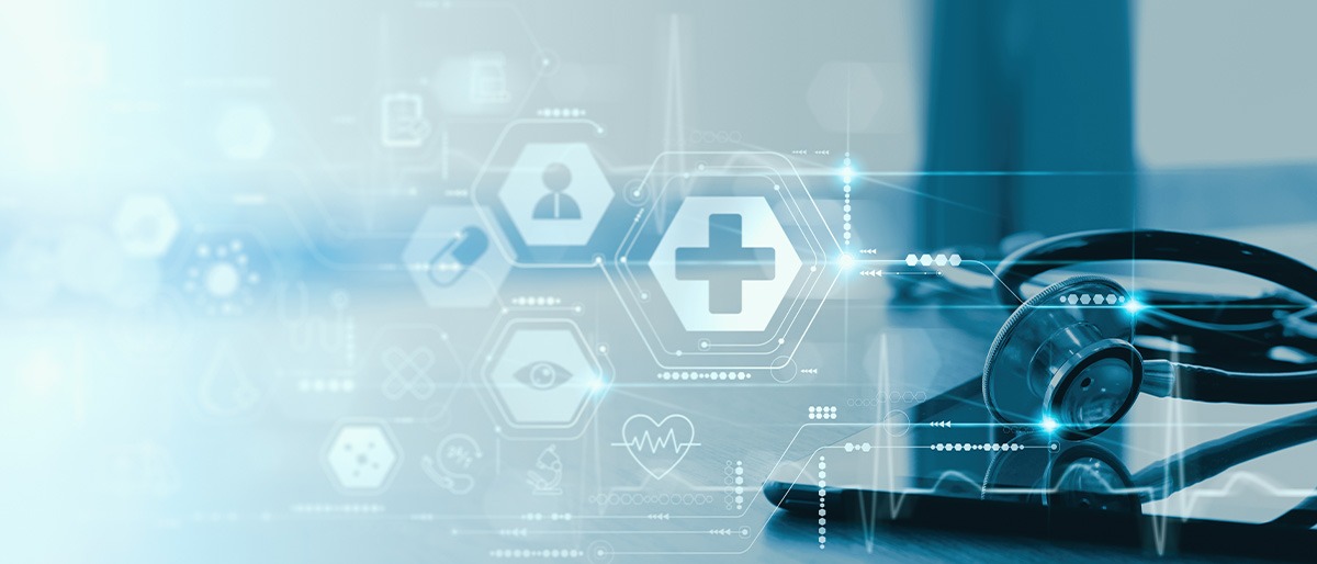 Close up of a stethoscope and digital tablet with virtual electronic medical record of patient on interface.Digital healthcare and network on modern virtual screen, DNA medical technology.