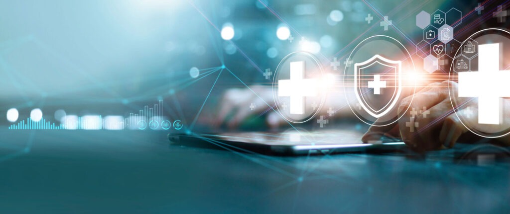 Businessman touch virtual medical network on tablet. Covid-19 pandemic develop people awareness and spread attention on their healthcare, rising growth in hospital and health insurance business.